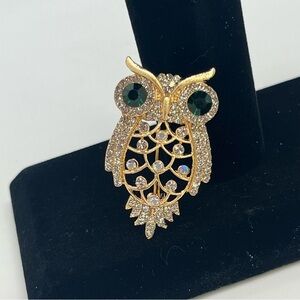 Vintage Gold Tone Owl Brooch Rhinestone Green Eyes Sparkly Costume Pin. 1990’s